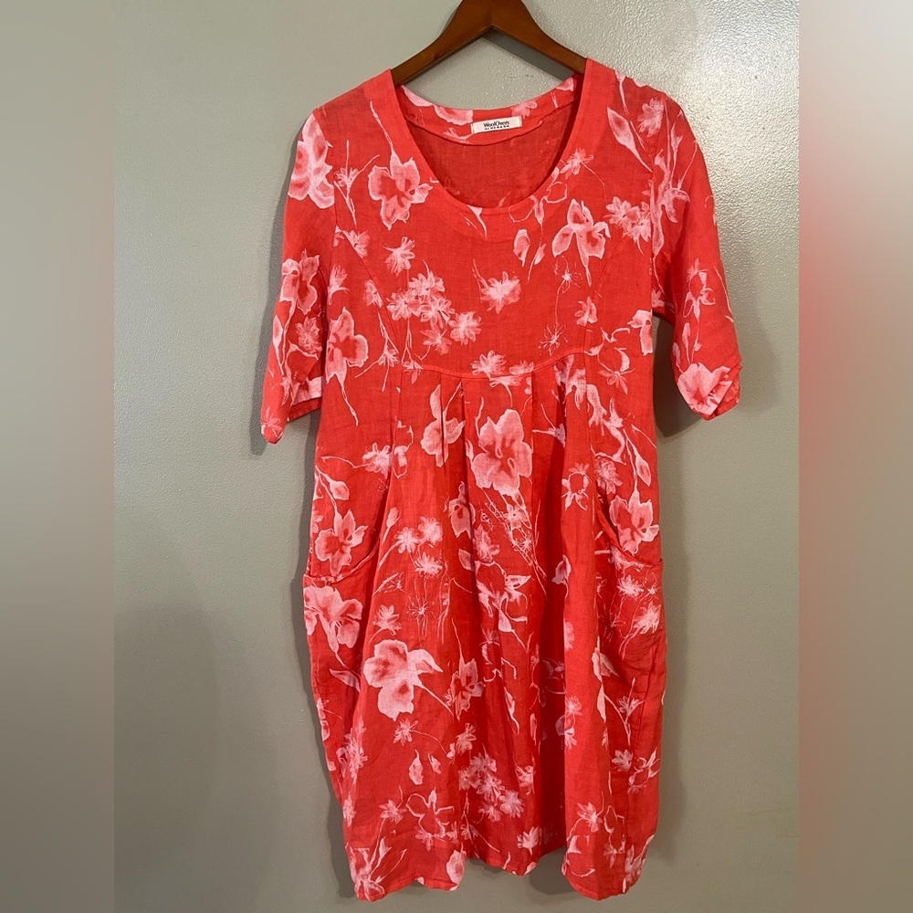 Woolovers Women’s 100% Linen Pockets Red Floral Dress Beach Vacation Size 6